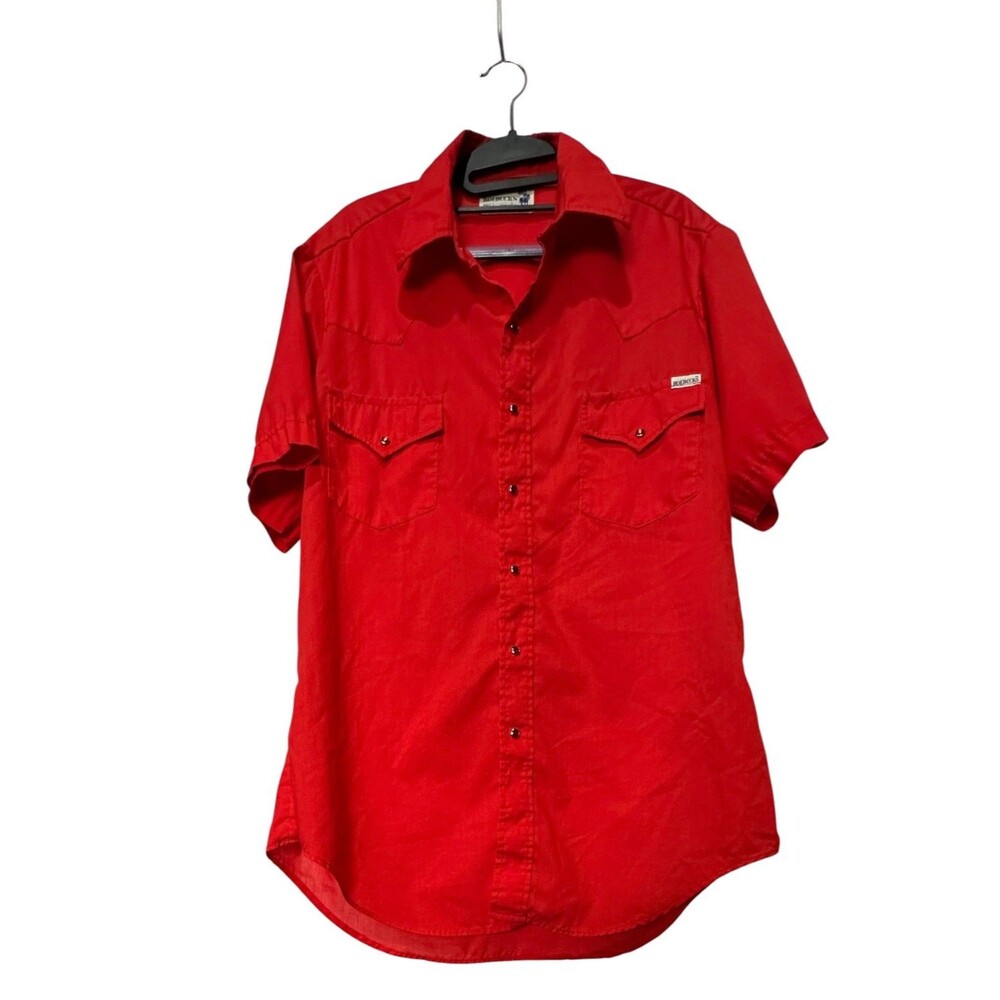 Vintage 70s Roebucks Western Pearl Snap Shirt Red Short Sleeve Men’s Large Tall